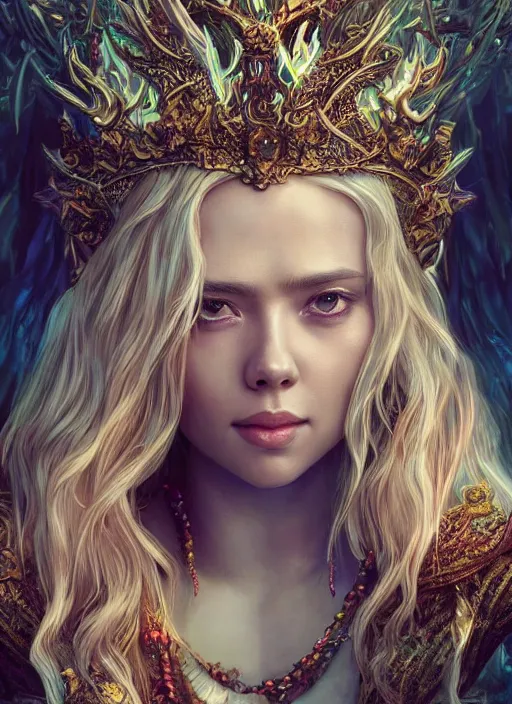 Image similar to Beautiful art portrait of scarlett johannson with long blonde hair, fantasy priestess in a bright temple surrounded by lush forest, atmospheric lighting, intricate detail, cgsociety, hyperrealistic, octane render, RPG portrait, ambient light, dynamic lighting