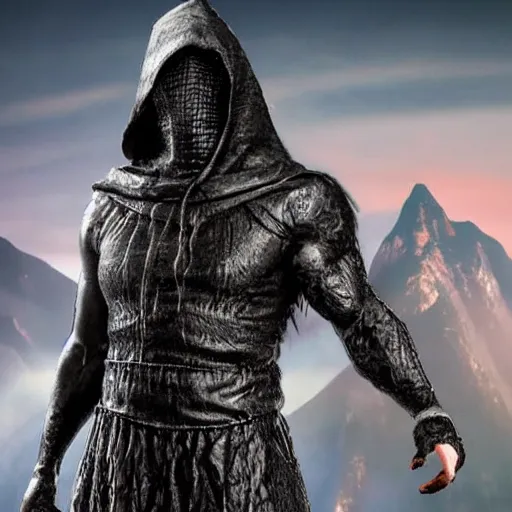 Image similar to a realistic full body of Konnor, a dragonblood, a black hood with black robes, extremely realistic and detailed, standing in front of a mountain