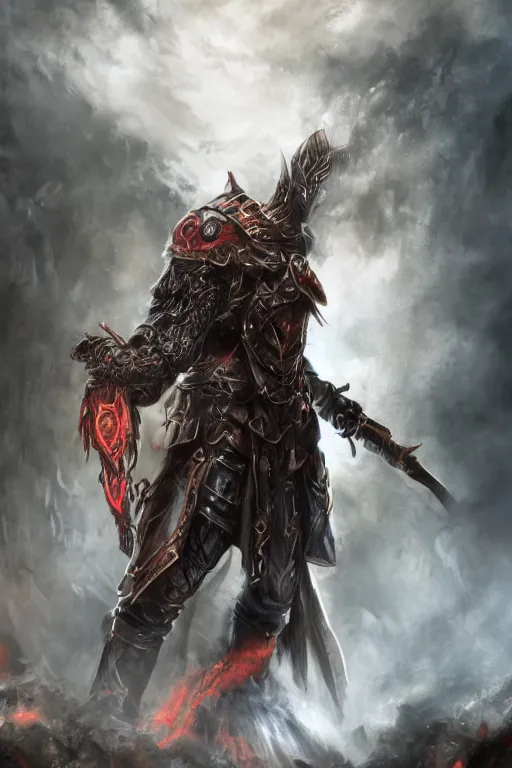 Image similar to Path of Exile, Sirius, bronze face, red eyes, male image with bronze black armor, black shadows, dark red bloody fog fly around, blood, Anachronism, painting, dark fantasy, steampunk, 4k, perfect quality,