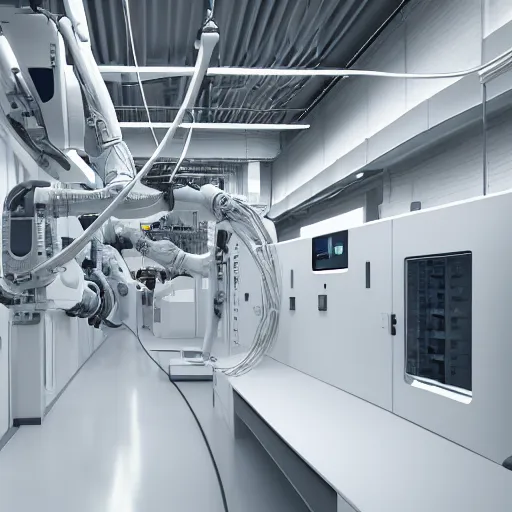 Image similar to abb industrial robot arm in a white clean room with global illumination intricate details wires