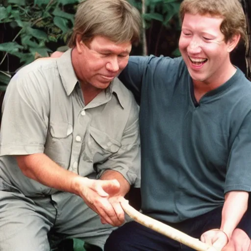 Prompt: Steve Irwin poking Mark Zuckerberg with a stick