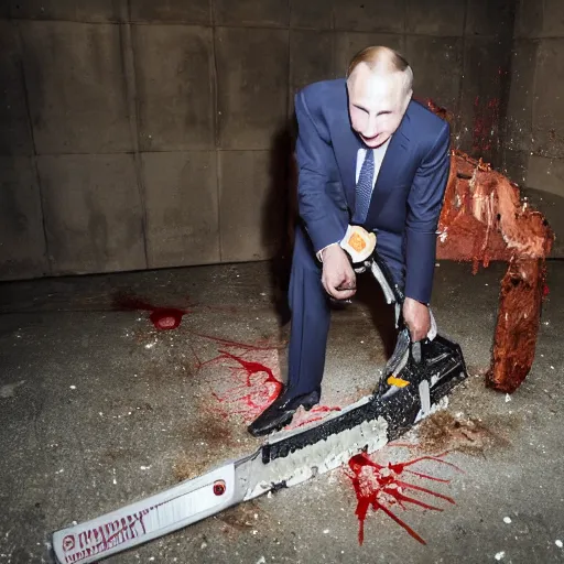 Image similar to putin with a chainsaw and a corpse. in a concrete bunker. focus on putins face with blood splatters. canon eos r 3, f / 1. 4, iso 1 6 0 0, 1 / 8 0 s, 8 k, raw, grainy