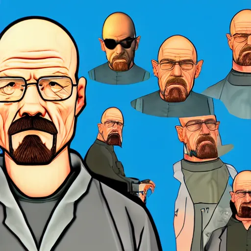 Prompt: Walter White as a character in Gta San Andreas, Gta loading screen style, rockstar games, pc game, flat colors