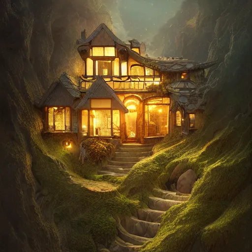 Image similar to small hillside house made of honey and milk, modern lighting, hyper - realistic, hyper - detailed, 8 k, octane rendered, art nouveau, organic, flowing, impossible torsion, writhing, dusk, lush, dynamic, in the style of ross tran and jean baptiste monge