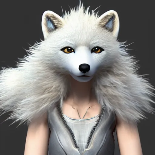 Image similar to screenshot depicting an anthropomorphic arctic fox wearing armor dressed as a character in Final Fantasy, octane render