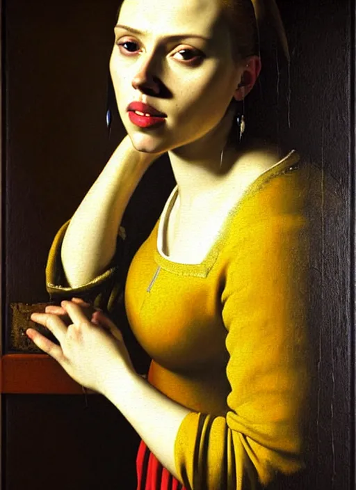 Image similar to portrait of scarlett johansson, oil painting by johannes vermeer, 1 7 th century, art, oil on canvas, wet - on - wet technique, realistic, expressive emotions, intricate textures, illusionistic detail