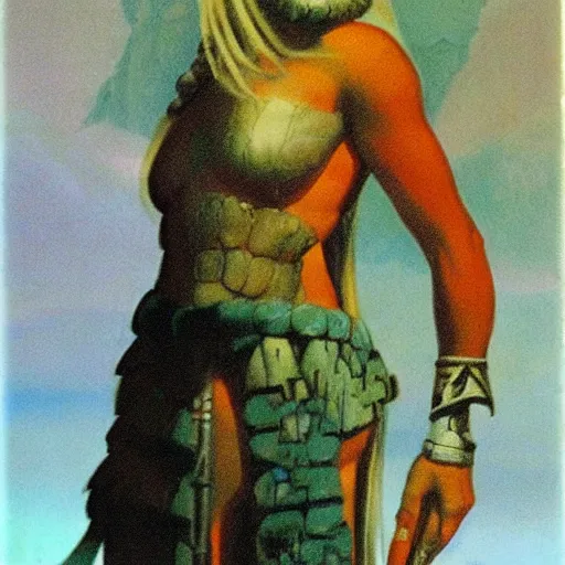 Prompt: portrait of barbarian princess by Roger Dean