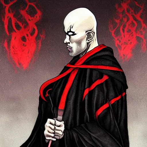 Image similar to d & d painting portrait necromancer man with bald head, red eyes, pallid skin, long flowing black and red robes. in style of larry elmore