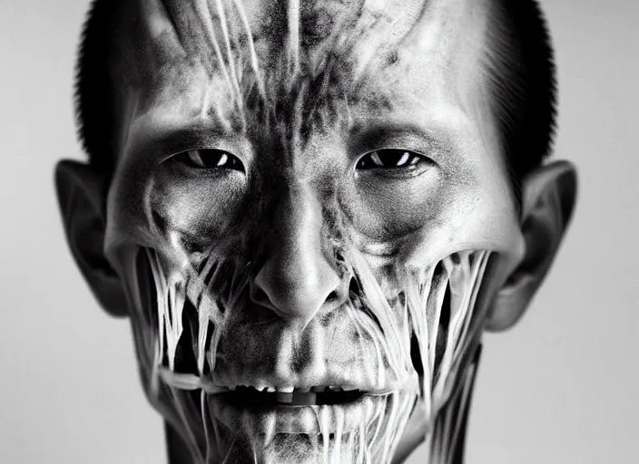 Image similar to mid shot portrait of samurai with transparent skin, visible muscle and bones and veins and nerves and internal organs, in the style of david cronenberg, high fashion, id magazine, realistic, sharp focus, 8 k high definition, film photography, photo realistic, insanely detailed, by david kostic and stanley lau and artgerm