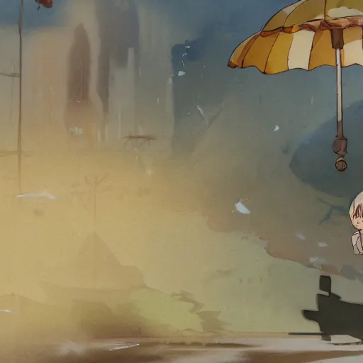 Image similar to incredible wide screenshot, ultrawide, simple watercolor, rough paper texture, made in abyss movie scene, backlit distant shot of girl in a parka running from a giant robot invasion side view, yellow parasol in deserted dusty shinjuku junk town, broken vending machines, bold graphic graffiti, old pawn shop, bright sun bleached ground, mud, fog, dust, windy, scary robot monster lurks in the background, ghost mask, teeth, animatronic, black smoke, pale beige sky, junk tv, texture, dusty, dry, pencil marks, genius party,shinjuku, koji morimoto, katsuya terada, masamune shirow, tatsuyuki tanaka hd, 4k, remaster, dynamic camera angle, deep 3 point perspective, fish eye, dynamic scene