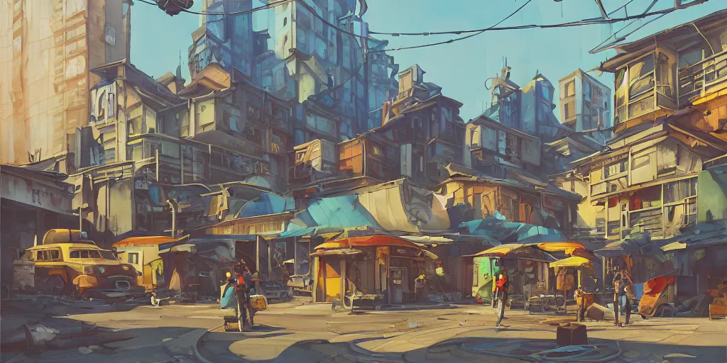 Prompt: overwatch building, stylized, exterior, architecture, in watercolor gouache detailed paintings, insanely detail, artstation, 8 k, futuristic, big medium small, arcane, simon stalenhag, food stall, interesting shapes & form, golden ratio, megastructures, vitaly bulgarov, slums, junkyard, oriental, asian, japanese alleyway