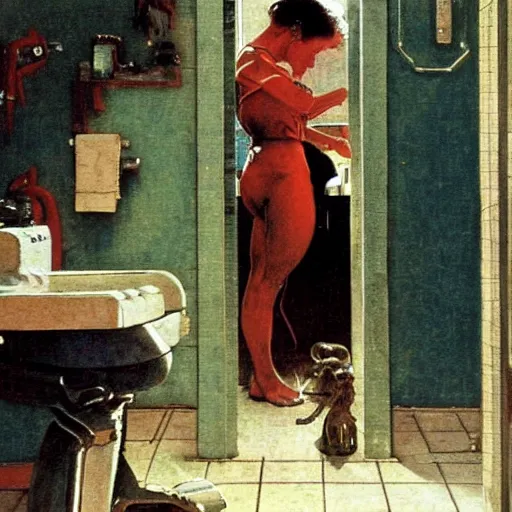 Prompt: A sci-fi woman examines the bathroom of a poor family. A painting by Norman Rockwell.