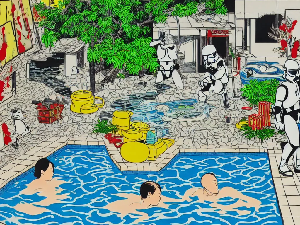 Image similar to hyperrealism composition of the japanese house with a hot springs in the garden, two detailed stormtroopers bathe in a hot spring, pop - art style, jacky tsai style, andy warhol style, roy lichtenstein style, round canvas, acrylic on canvas