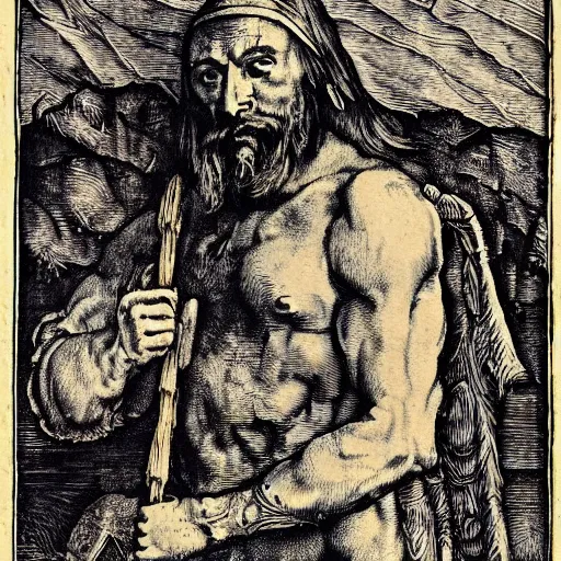 Image similar to albrecht durer woodcut portrait of a tattooed warrior celt man on a field