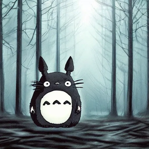 Image similar to totoro in a black metal band in the middle of the forest, fantasy digital art, wow, stunning, ghibli style, hight quality