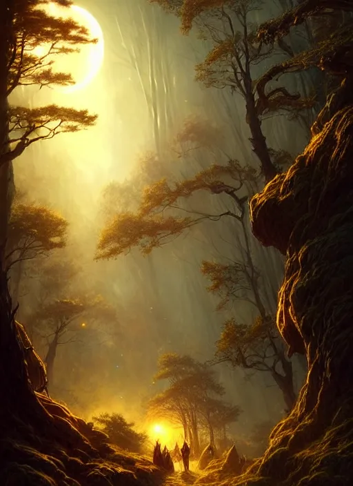 Image similar to fantasy book cover, full moon, fantasy forest landscape, golden elements, fantasy magic, dark light night, intricate, elegant, sharp focus, illustration, highly detailed, digital painting, concept art, matte, art by WLOP and Artgerm and Greg Rutkowski and Albert Bierstadt, masterpiece