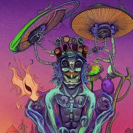 Image similar to A centered chest up portrait of a psychedelic shaman-like anthropomorphic frog smoking a hand-rolled cigarette smoking heavily , magic mushroom village in background . award winning. superb resolution. in the art style of junji Ito and greg rutkowski . Detailed Mushroom city in background. Hyper realistic anime. Perfect art. Dalle2