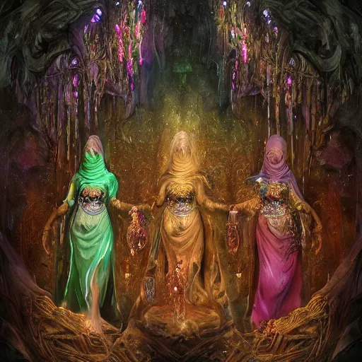 Prompt: The three moiras, dressed in robes of veils and with intricate jewels behind a large and detailed sculpted astrolabe, inside a cave with alien flowers, dramatic atmosphere, Diffused lighting, highly detailed digital art, trending on artstation, depth of field