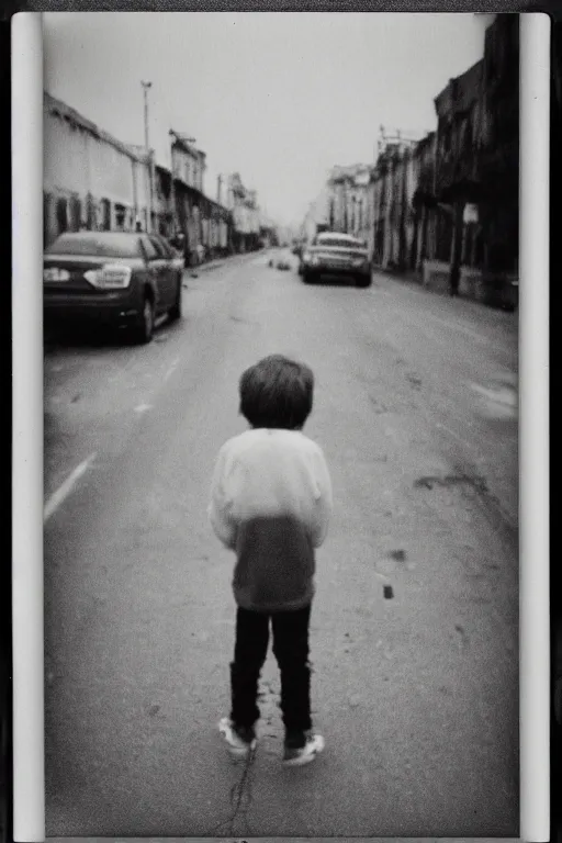 Image similar to photo polaroid of sad and lonely child in the middle of the street, destroyed buildings rubble, loneliness, war, black and white ,photorealistic, 35mm film,