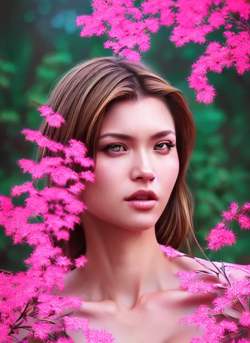 Image similar to photo of a gorgeous female in the style of stefan kostic, realistic, half body shot, sharp focus, 8 k high definition, insanely detailed, intricate, elegant, art by stanley lau and artgerm, extreme bokeh pink foliage