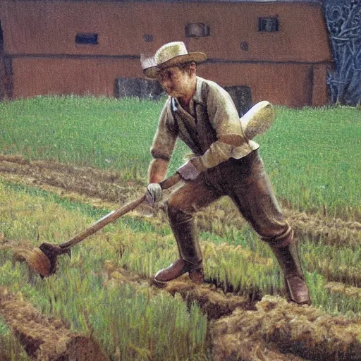 Prompt: - realistic painting of, cain tilling the field, in the style of miguelangel