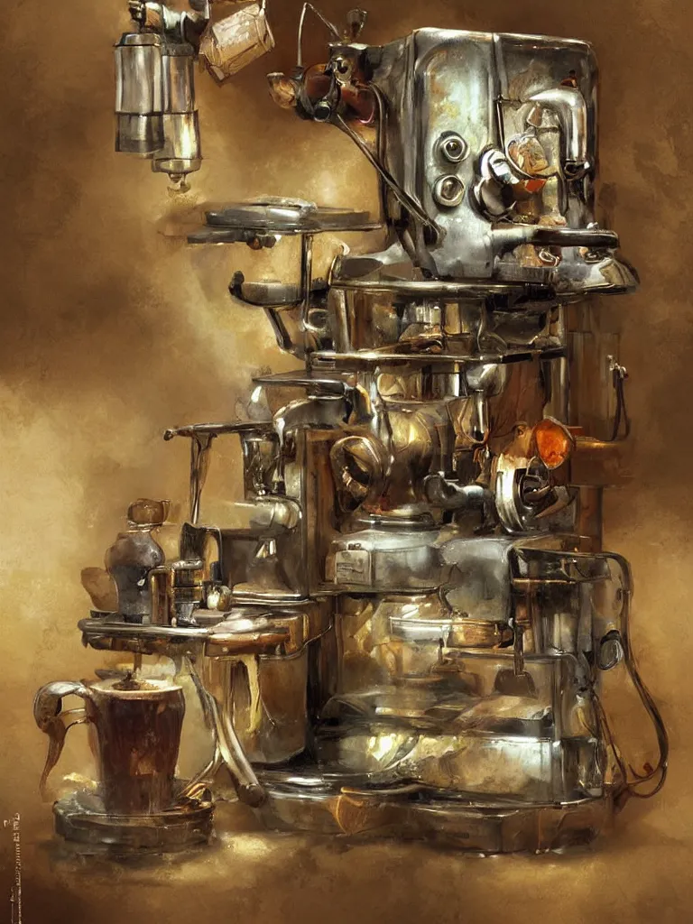 Image similar to ancient coffee machine, by Simon Stalenhaag, by Yoshita Amano, by Esao Andrews, sharp focus, fresh colors, deviantart, conceptart