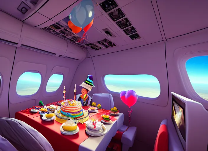 Prompt: boeing 737 cabin, many rich people, birthday party, party hats, string of balloons, one big birthday cake, realistic, insanely detailed, wide angle, Unreal 5 engine, trending on artstation, by Huang Guangjian and Gil Elvgren and Sachin Teng