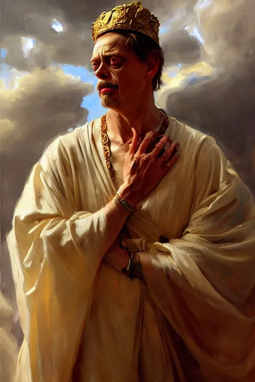 Image similar to beautiful expressive oil painting portrait of ancient roman god emperor steve buscemi ascending wearing the civic crown, art by anders zorn, wonderful masterpiece by greg rutkowski, beautiful cinematic light, american romanticism by greg manchess, jessica rossier