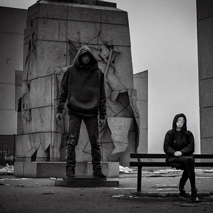 Image similar to storyboard : sadie sink in hoodie sits on bench in ruined square, pedestrians walk by, soviet monument and propaganda posters. scifi cyberpunk. by gabriel hardman. cinematic atmosphere, detailed and intricate, perfect anatomy