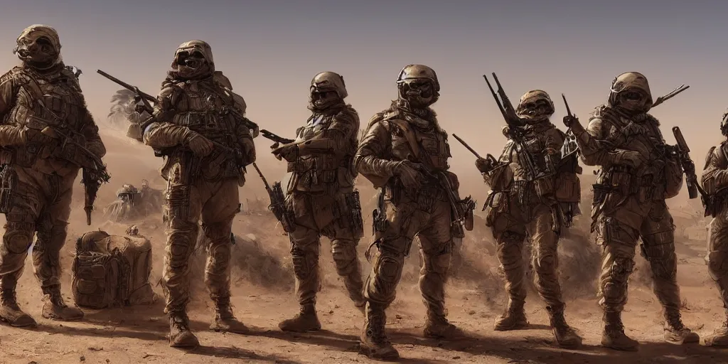 Prompt: highly detailed image of a tactical squad of hamsters dressed in tactical gear holding rifles, in a desert, stephen bliss, unreal engine, fantasy art by greg rutkowski, global illumination, detailed and intricate environment