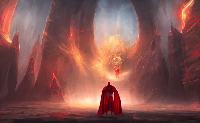 Prompt: red hooded mage, holding a golden bell, standing in front of an enormous arcane gate to another realm, mindblowing, concept art, matte, illustration, ominous, magical, dnd, 4 k uhd, very detailed