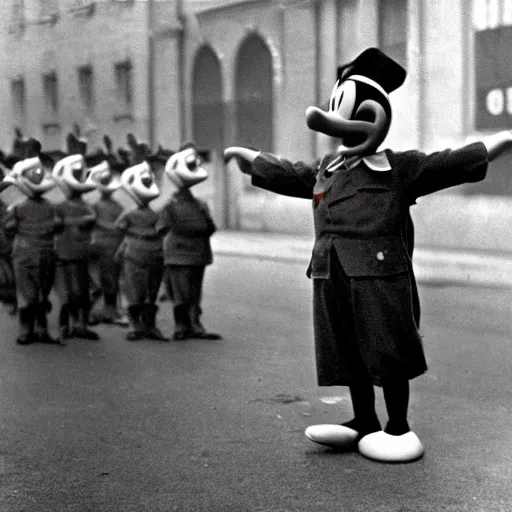 Image similar to historic colorized photograph of donald duck at a nazi parade in 1 9 3 6