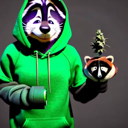 Image similar to a very relaxed stoner with a black hoodie on with a marijuana themed dark green raccoon head from zootopia, wearing beanie, holding a vape, 3 d render, extremely detailed fur, wearing a marijuana t - shirt