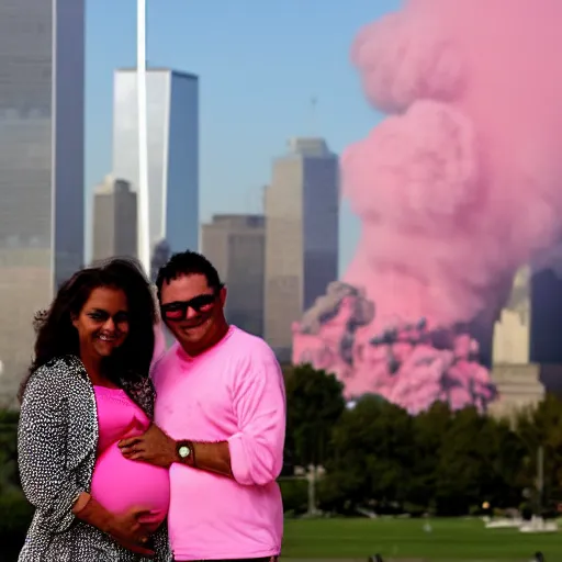 Prompt: a couple of parents to be, smiling in front of 9 / 1 1 with pink smoke