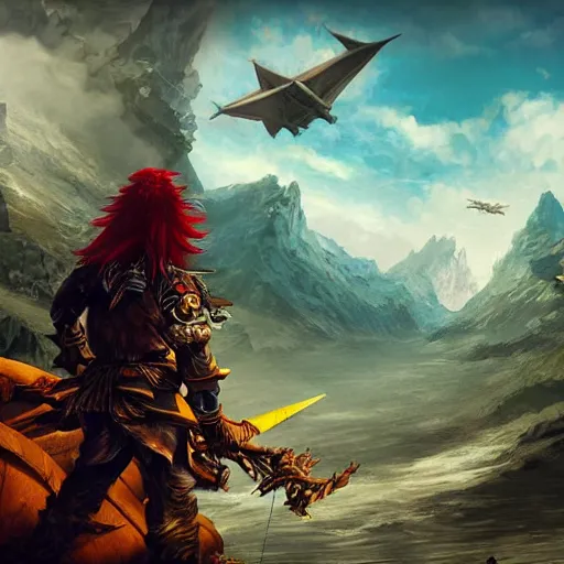 Prompt: male sky-pirate with long red hair standing in front of an airship, high detailed face, realistic, ultra detailed, menacing, powerful, dark, shallow focus, forest, mountains in the background concept art design as if designed by Wētā Workshop