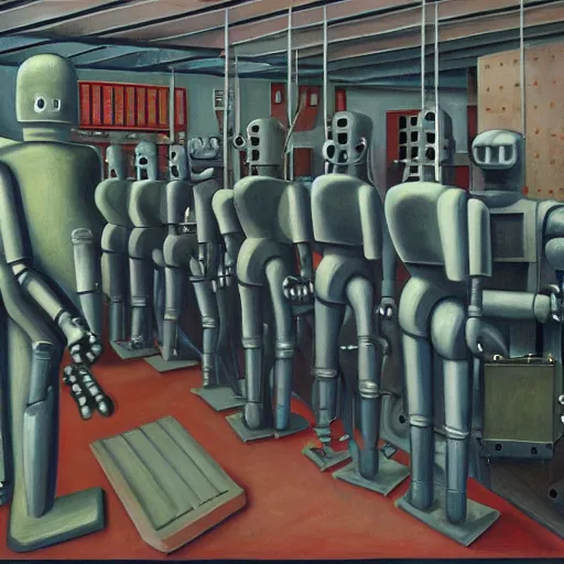 Image similar to drab slave human workers building robots, watched by fascist robots, brutalist factory, dystopian, pj crook, edward hopper, oil on canvas