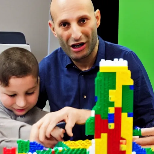 Image similar to A photo of Naftali Bennett playing with legos in his office, high quality