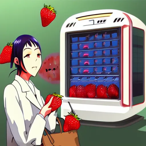 Image similar to “Shinji from Eva buying berries from a berry vending machine on a futuristic space ship, robots, berry signs, 🍓, anime, artstation”