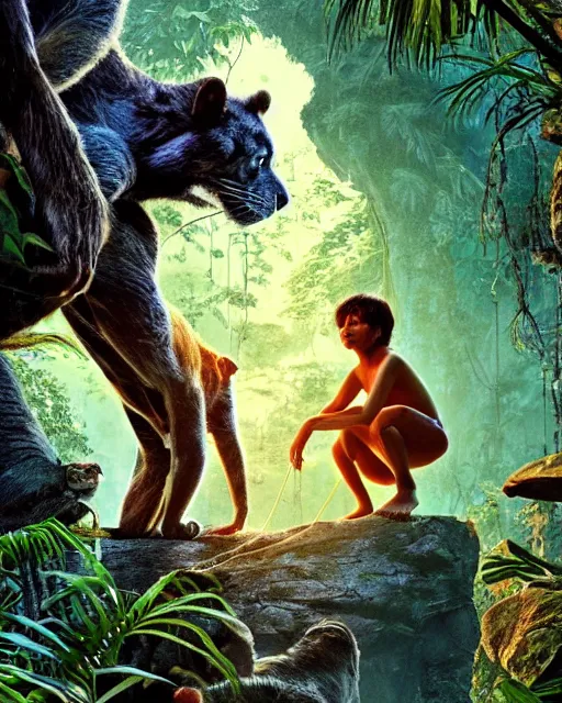 Prompt: still from the jungle book if made by elon musk and bill gates, portrait, illustration, rim light, top light, summer clear blue sky, perfectly shaded, soft painting, epic, intricate, art