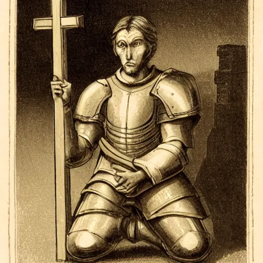 Prompt: A pale young man stands kneeling inside a prison cell. Clad in shining armor prays to a God others would have long abandoned. Sunshine lightly grazes his cheeks as he prays, his broken spear used as a cross to focus on. The knight's expression is sad, pensive, but resolute, decisive and stubborn. Portrait.