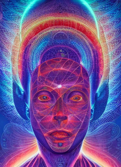 Image similar to humankind transcendence into collaborative intelligence, connectedness, bosy, ai, by alex grey, album cover, award winning, beautiful, colorful, volumetric lighting, trending on artstation