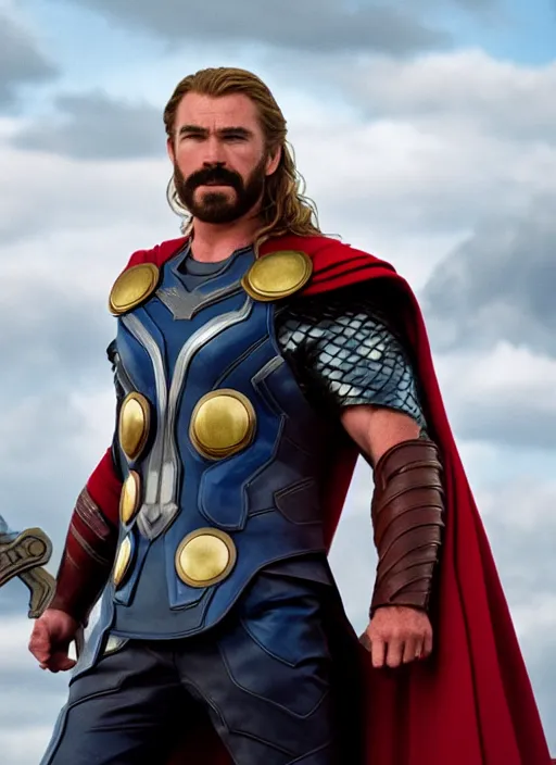 Image similar to film still of tom selleck as thor in thor, 4 k