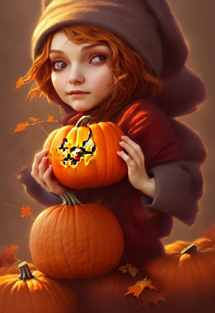 Prompt: hand drawn cute one gnomes face in autumn disguise holding pumpkin, detailed closeup face, concept art, low angle, high detail, warm lighting, volumetric, godrays, vivid, beautiful, trending on artstation, art by artgerm and greg rutkowski and alphonse mucha