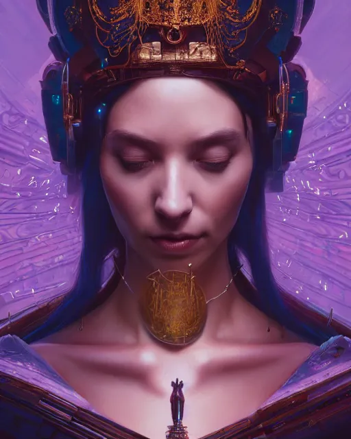 Image similar to highly detailed surreal vfx portrait of a cyberpunk queen in a majestic castle by golden tree, stephen bliss, unreal engine, greg rutkowski, loish, rhads, beeple, makoto shinkai and lois van baarle, ilya kuvshinov, rossdraws, tom bagshaw, alphonse mucha, global illumination, detailed and intricate environment