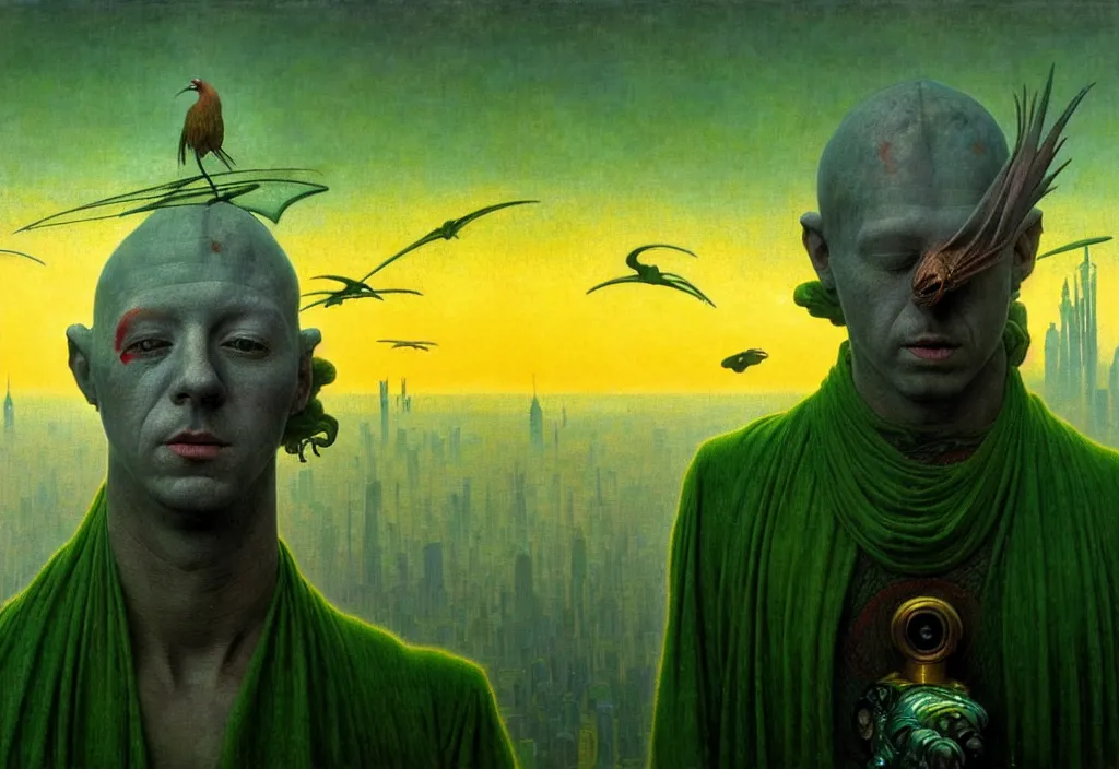 Image similar to realistic detailed portrait movie shot of a birdman wearing dark green ragged robes, futuristic city sunrise landscape background by denis villeneuve, jean delville, yves tanguy, alphonse mucha, ernst haeckel, max ernst, roger dean, rich moody colours, ethereal, closeup