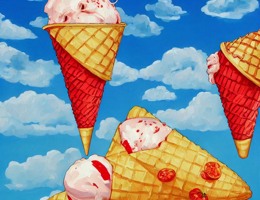 Image similar to a painting of a lazy red tomato on a sunny beach eating ice cream clouds in a cone by james jean