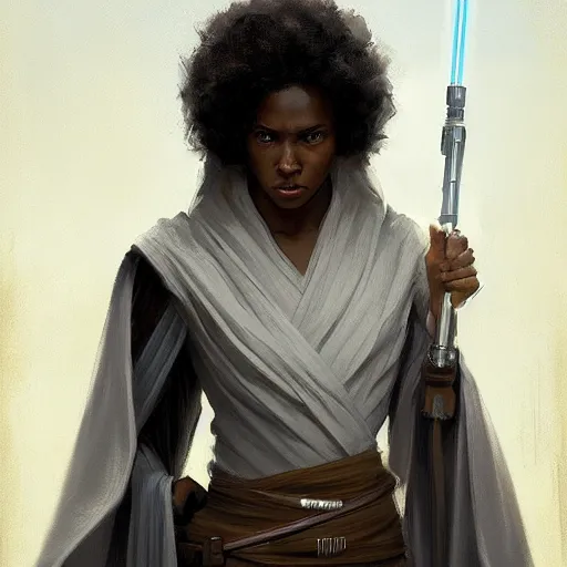 Image similar to portrait of a woman by greg rutkowski, young jedi knight, black, afro hair, pretty, star wars expanded universe, she is about 2 0 years old, wearing jedi robes, highly detailed portrait, digital painting, artstation, concept art, smooth, sharp foccus ilustration, artstation hq