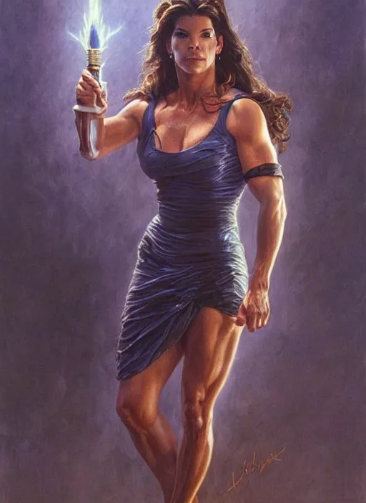 Image similar to Sandra Bullock (1990) as a muscled heroine staring into the camera, torch shadows, foggy night, intricate, elegant, highly detailed, Donato Giancola, Joseph Christian Leyendecker, WLOP, Boris Vallejo, Artgerm