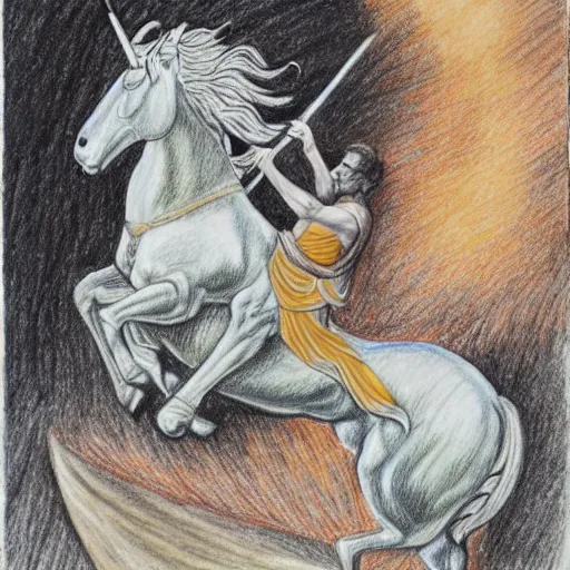 Image similar to A drawing of Julius Caesar riding a unicorn, colored pencil art,