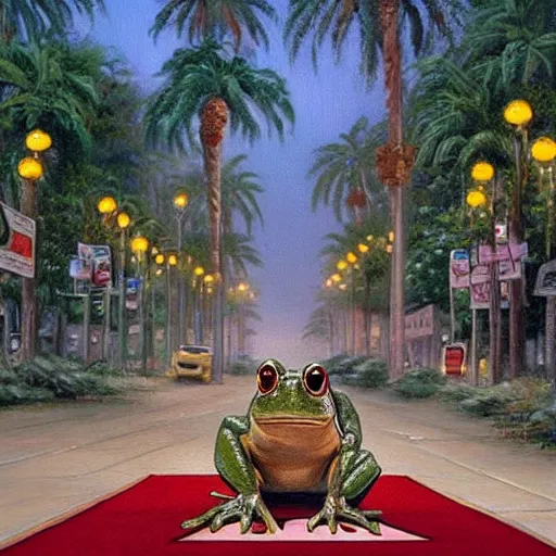 Prompt: painting of a bipedal frog walking down the hollywood walk of fame, palm trees, thomas kinkade